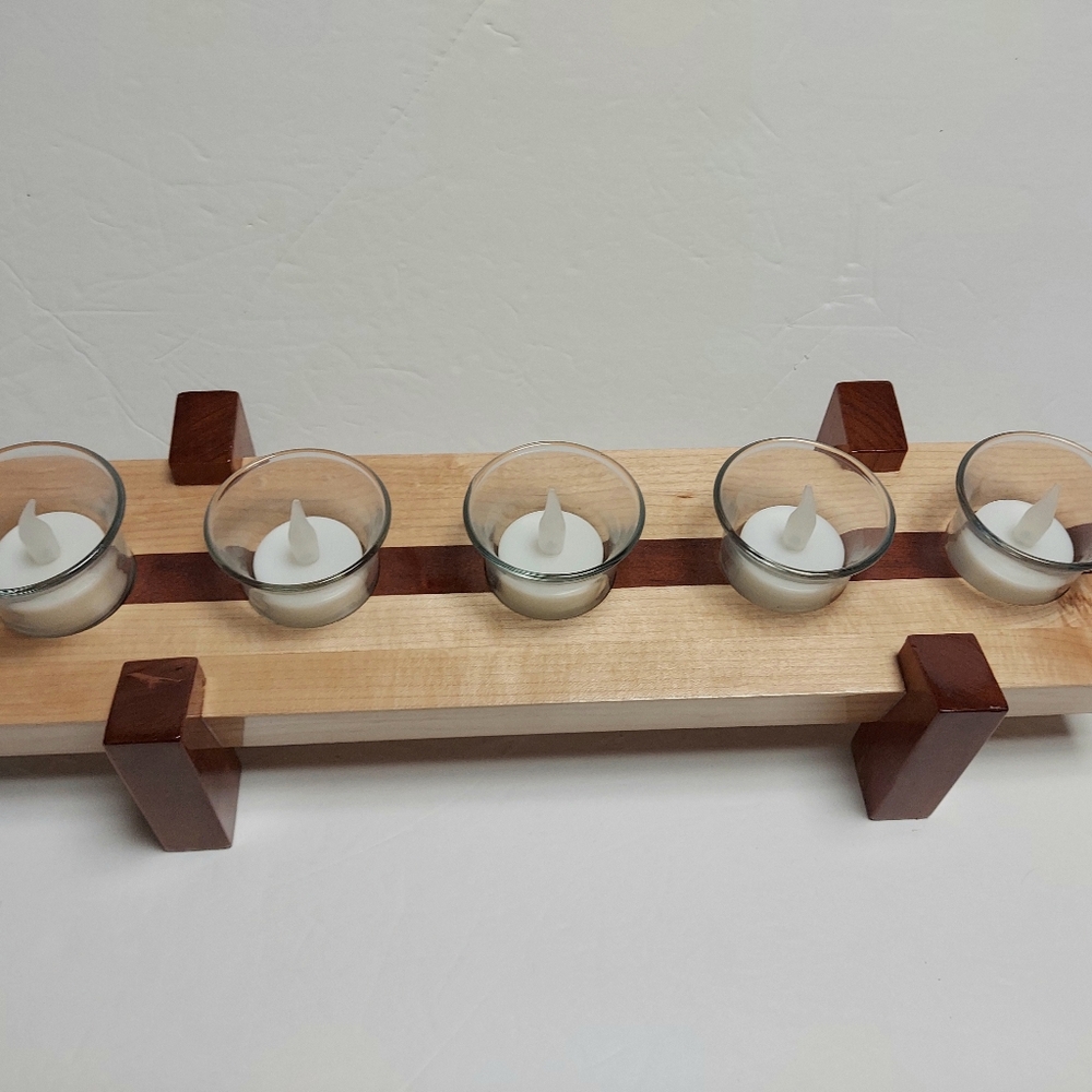 Two-tone wooden candle holder with votive holders 4.5" x 17"